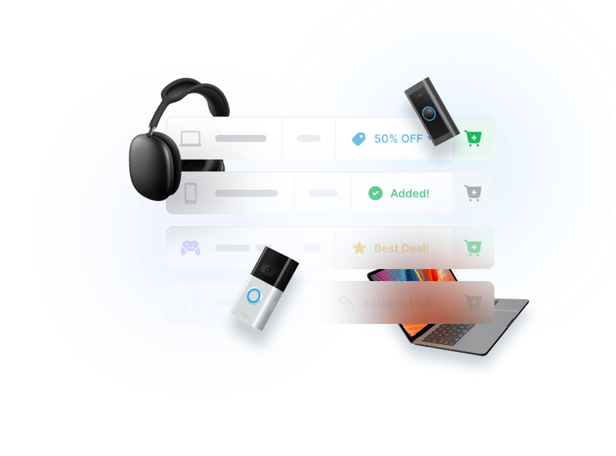 Collection of tech items with discount actions (50% off, best deal)